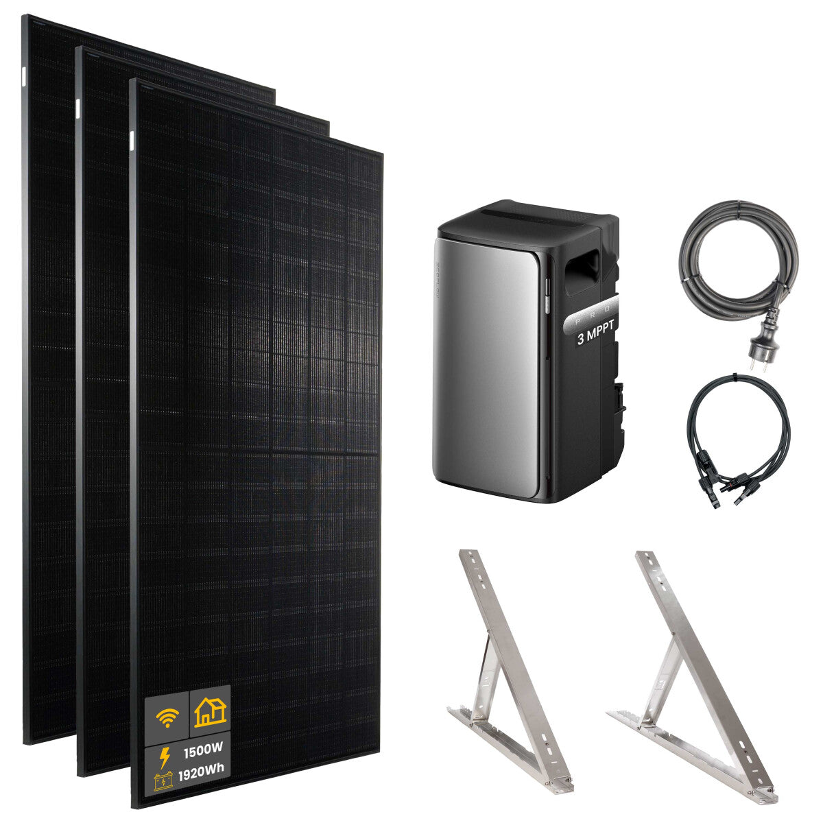 1500 W EcoFlow STREAM Pro Balcony Power Plant | Set with microinverter and 3x 500 W DAH bifacial solar modules with flat roof mounting and 1.92 kWh storage