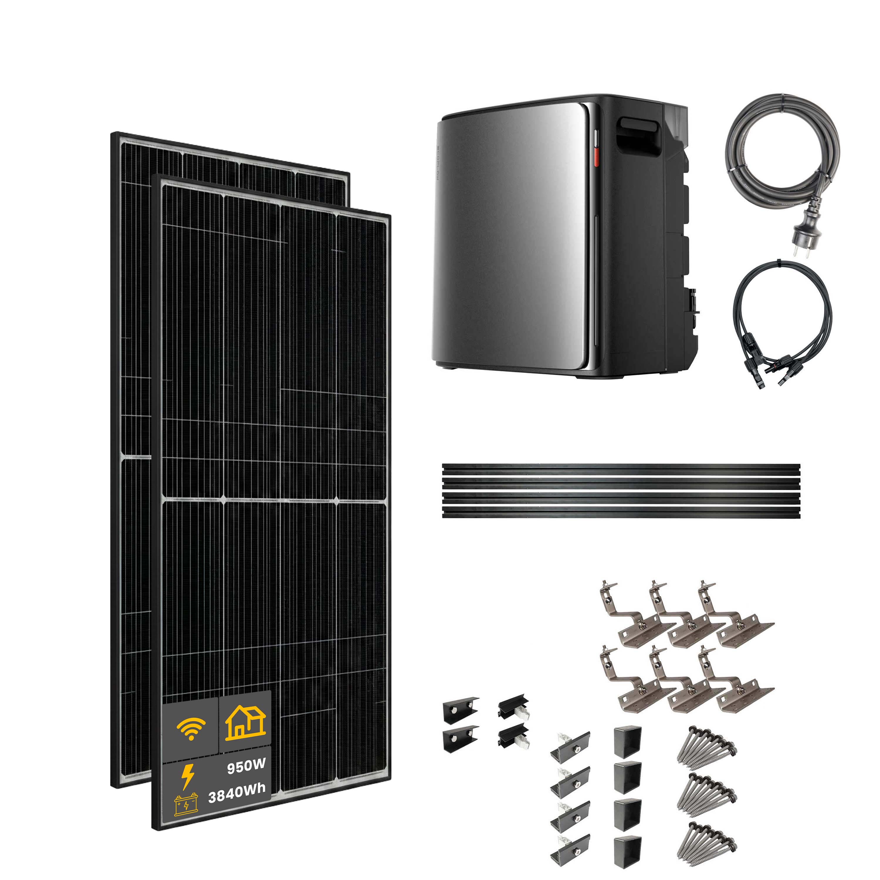 950 W EcoFlow STREAM Ultra X Balkonkraftwerk | Set mit Mikrowechselrichter und 2x 475 W DAH bifacial Solarmodul mit Hausdachhalterung und 3,84 kWh Speicher
