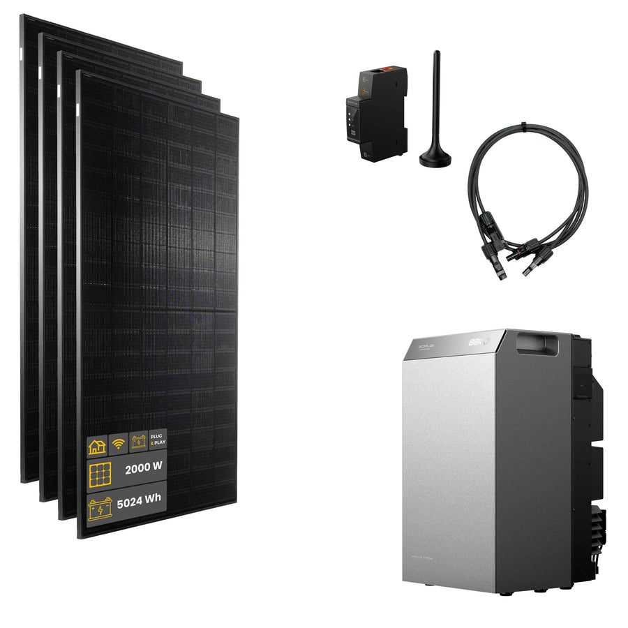 2000 W EcoFlow STREAM 5000 Balkonkraftwerk | Set mit Mikrowechselrichter und 4 x 500 W DAH bifacial Solarmodul ohne Halterung und 5 kWh Speicher