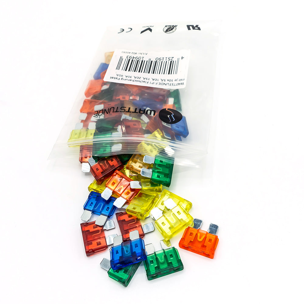 WATTSTUNDE® F-P1 blade fuse pack containing 10 each of 5 A, 10 A, 15 A, 20 A, 30 A, 40 A