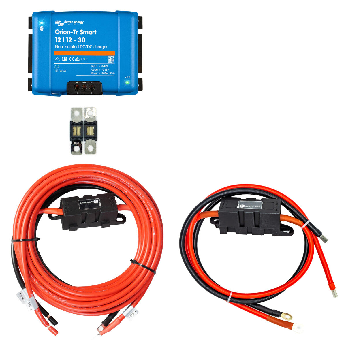 Charging booster set with Victron Orion-Tr Smart 12/12-30 non-insulated battery and 7m connection cable for starter and auxiliary battery